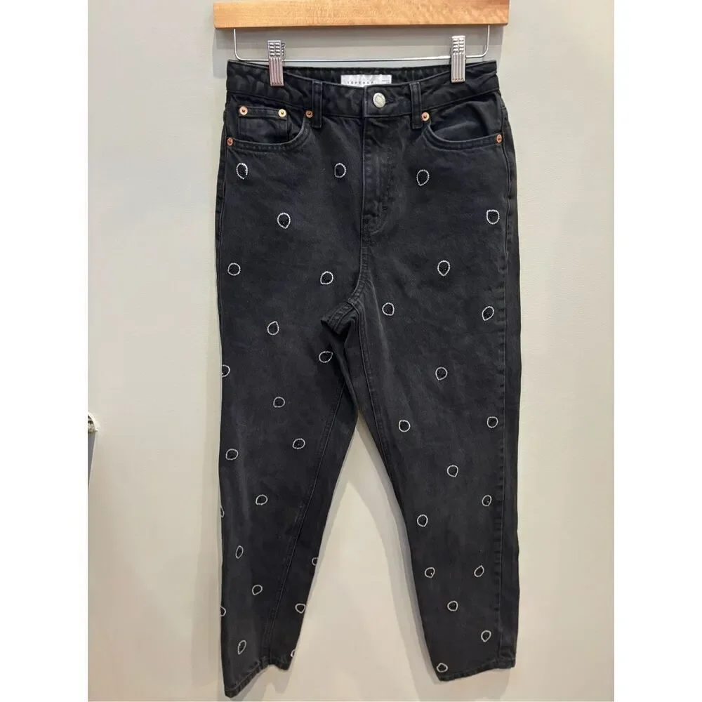 TopShop 26/30 Black alien sequined appliqué high rise cropped mom jeans